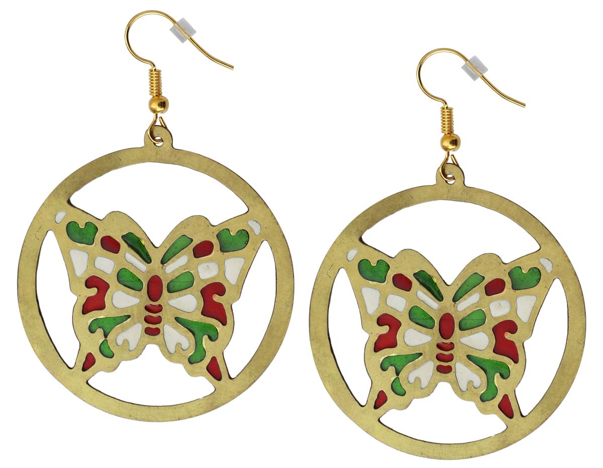 2.5” Pair of Round Hook Earrings in Brass - Golden Butterfly Pattern - Drop Earrings / Women Fashion Jewelry - Buy in Bulk Wholesale